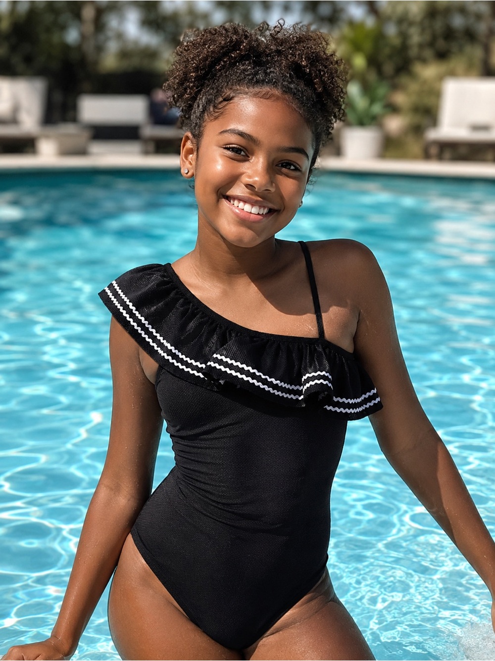 Janie and Jack Girls Black One Shoulder Ruffle Swimsuit Ric Rac Trim NWT Size 16
